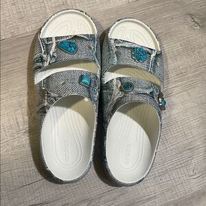 CROCS Womens Slide Sandals with Charms - Denim Blue and White